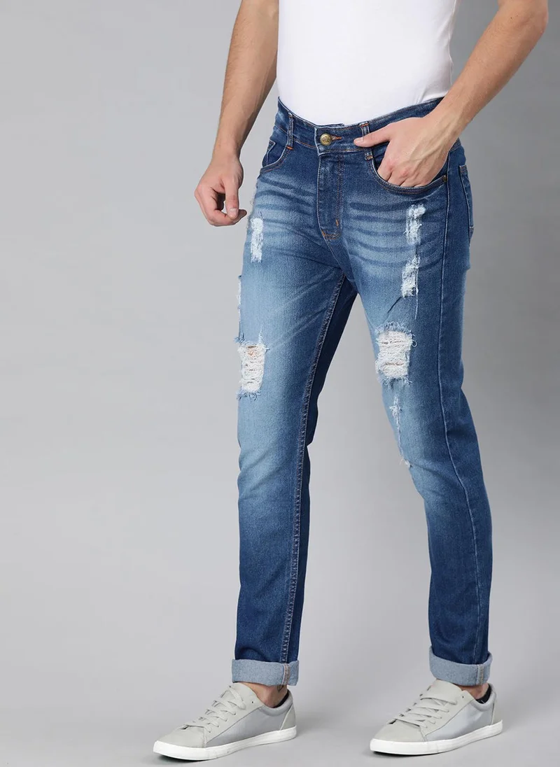Urbano Fashion  Urbano Fashion Men's Blue Slim Fit Heavy Distressed/Torn Jeans for Men | Best Price UAE